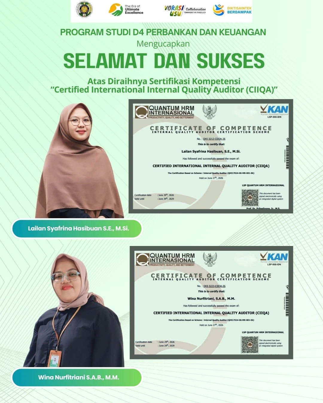 Dosen Program Studi D4 Perbankan dan Keuangan USU Raih Sertifikasi Internasional Internal Quality Auditor (CIIQA)
